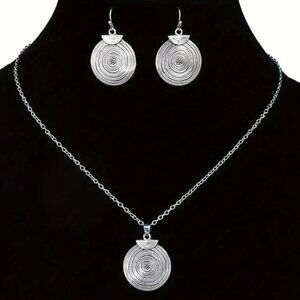 Vintage Retro Ethnic Round Disc Necklace & Earring Set - Silver Electro-Plated